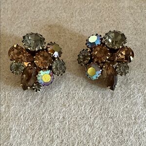 Vintage Signed Kramer Brown Crystal Cluster Clip-On